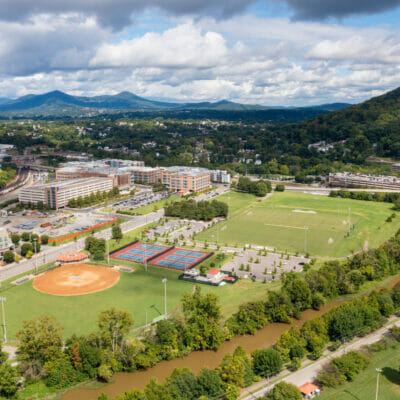 Aerial view of River's Edge Park North in Roanoke, Virginia, showing Maher baseball field, tennis courts, and multiuse soccer/football field