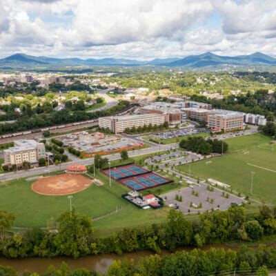 Aerial view of River's Edge Park North in Roanoke, Virginia, showing Maher baseball field, tennis courts, and multiuse soccer/football field