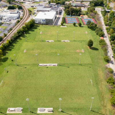 Aerial view of athletic fields at River's Edge Park South