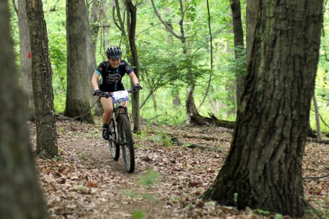 Female racers on Sidewinder Trail in Mill Mountain Park