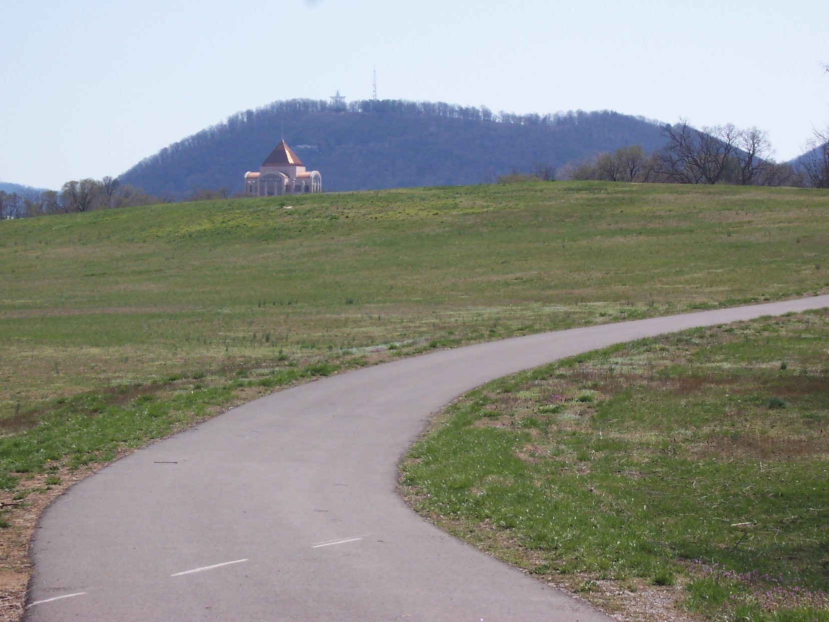 Lick Run Greenway with view of Wells Fargo Tower and Mil Mountain Star