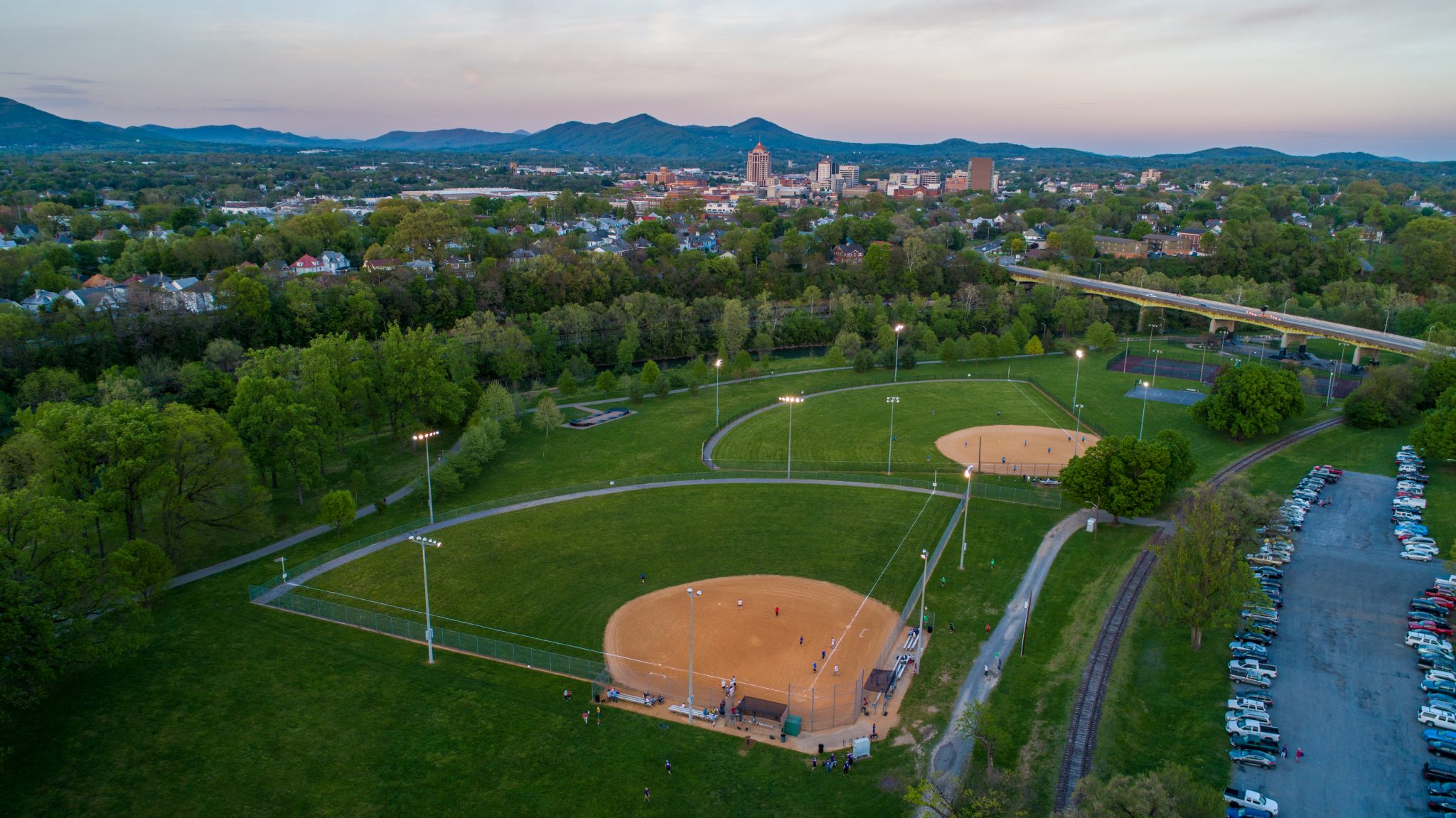 Wasena Park Softball Fields with city skyline in the background