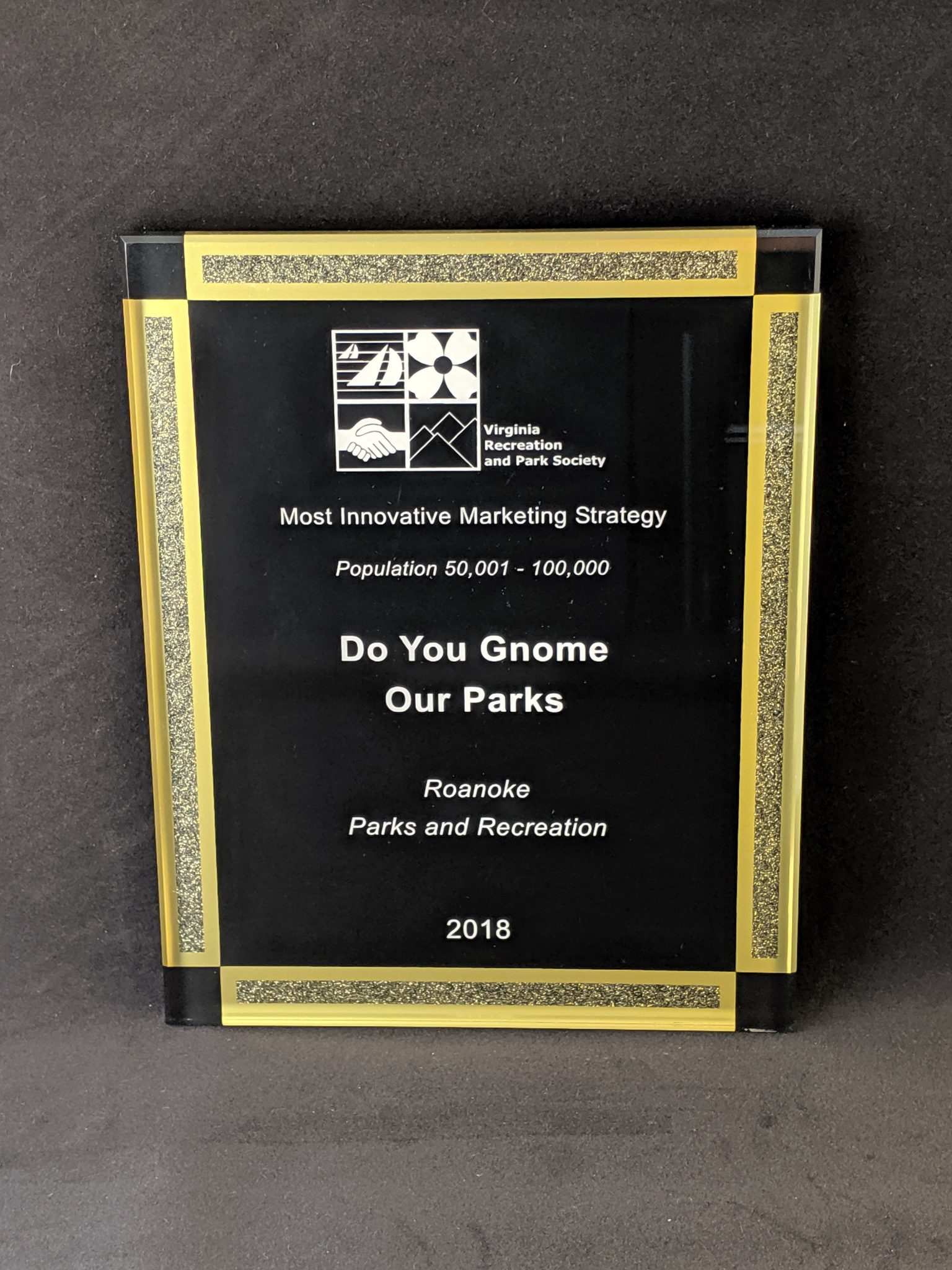 Plaque recognizing Roanoke Parks and Recreation for Innovative Marketing Strategy for "Do You Gnome Our Parks" program.