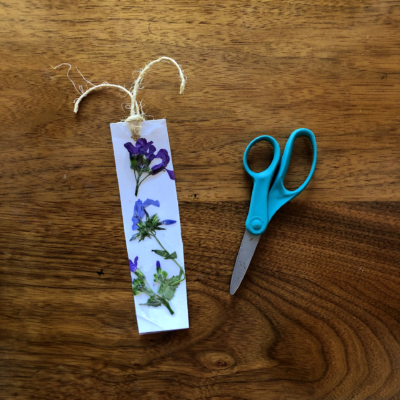 Bookmark decorated with pressed flowers sitting on a table