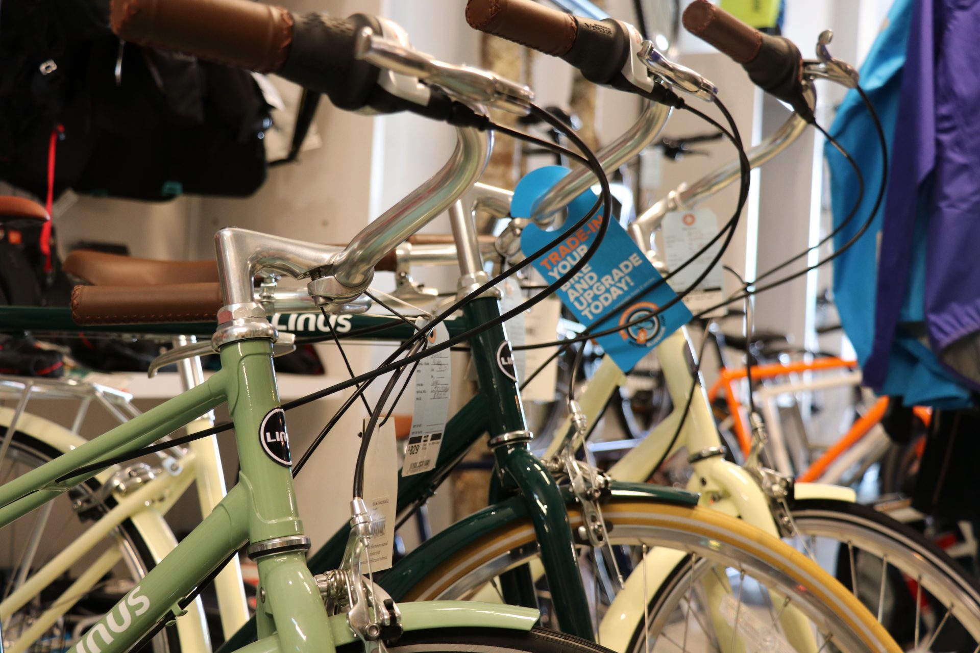 Row of bike handlebars with price tags