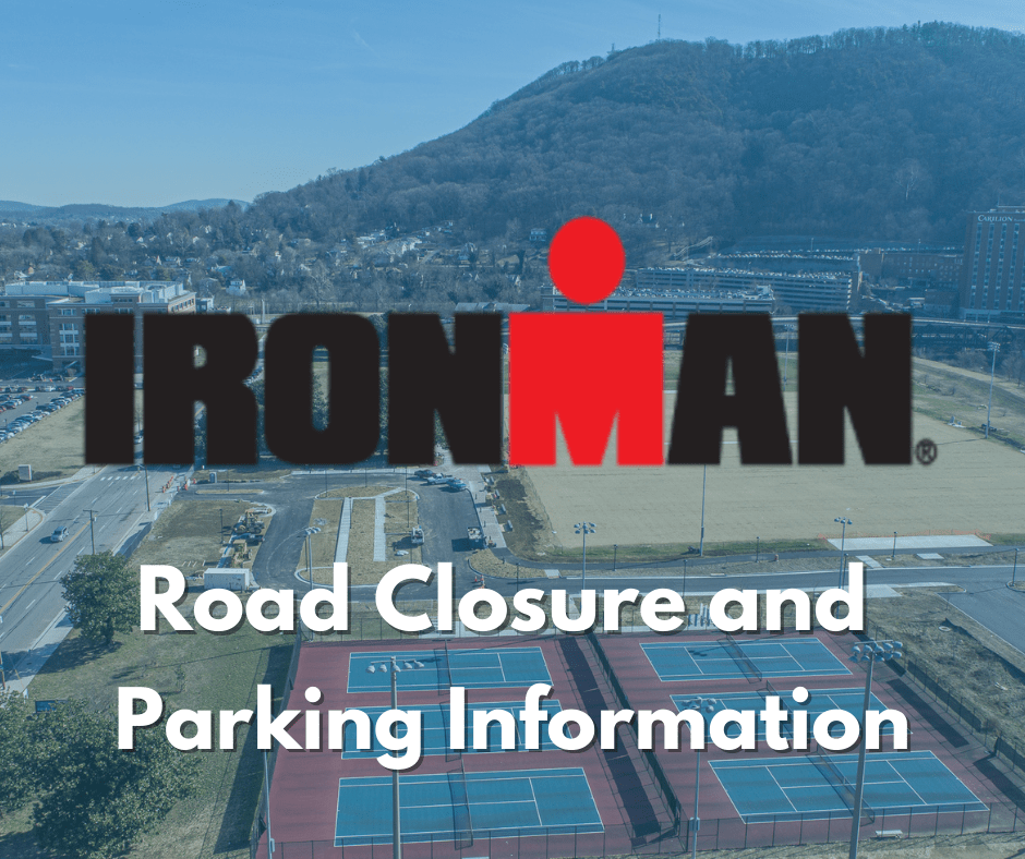 Aerial View of River's Edge North with text overlay that reads, "Ironman Road Closure and Parking Information"