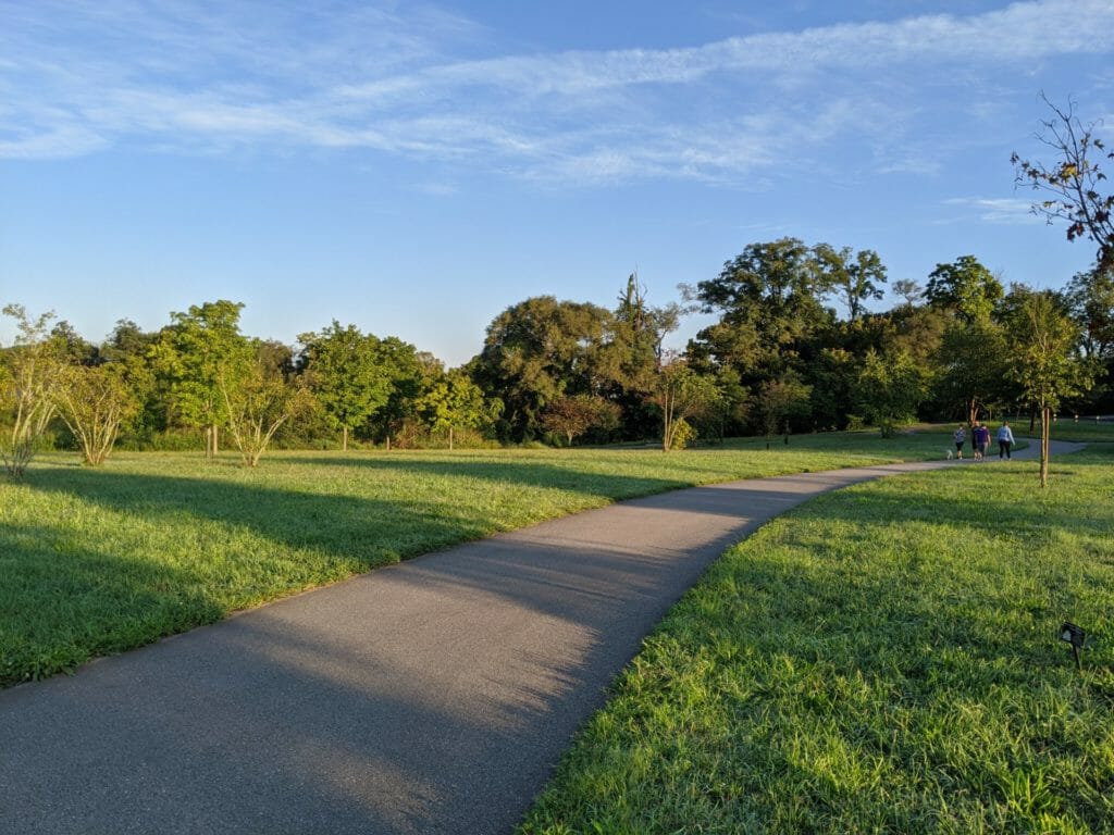 Paved greenway trail surrounded by green grass and green trees on a sunny day