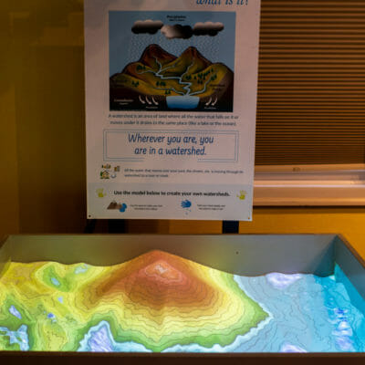 AR Sandbox Mill Mountain Discovery Center Children play with Augmented Reality Sandbox