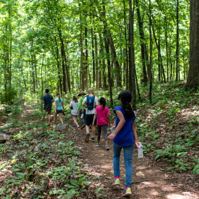 OutdoorSummerCamp 239 A group of summer campers hiking along a wooded trail.