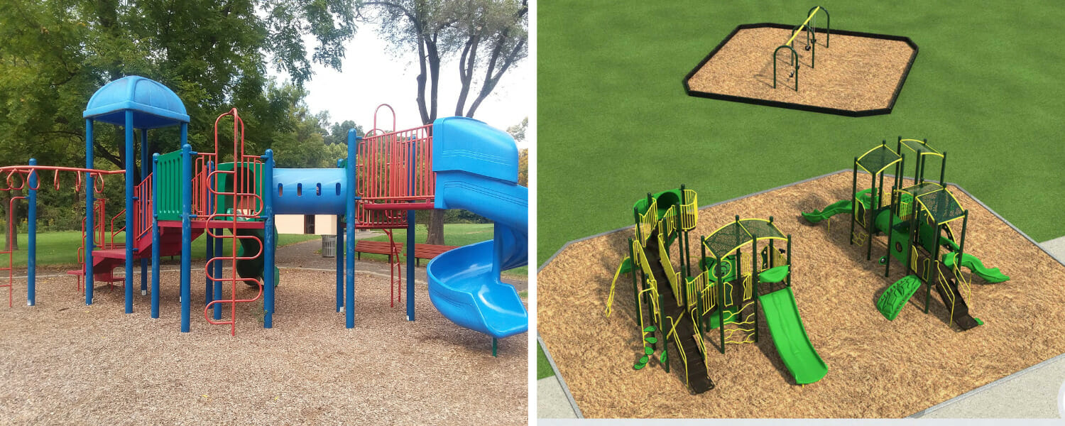 Strauss Park Playground current and rendering Strauss Park Playground current and rendering