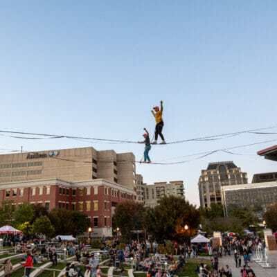 Roanoke GO Outside Festival slackliners above Elmwood Park Amphitheater
