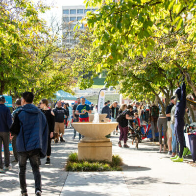 Festivalgoers walking along the Fountain Walk in Elmwood Park