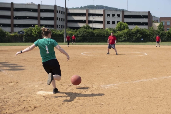 Kickball at River's Edge A kickball game with a player moments before kicking the ball.