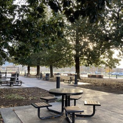 Picnic tables at River's Edge Park North