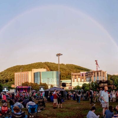 Freedom Festival and Fireworks Roanoke Rainbow above Freedom Festival and crowd gathered for fireworks show