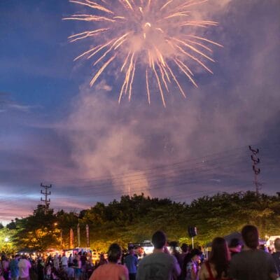 Freedom Festival and Fireworks Roanoke Crowd watching fireworks above River's Edge Park in Roanoke