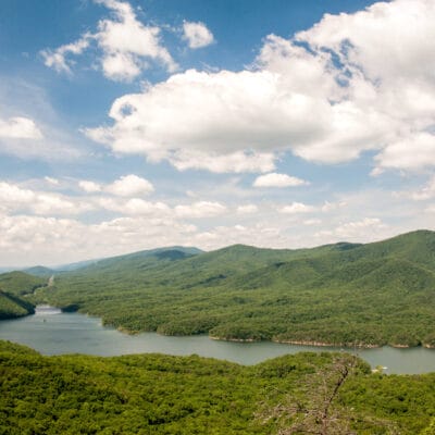 View of Carvins Cove from the Appalachian Trail aerial view of carvins cove reservoir and blue ridge mountains
