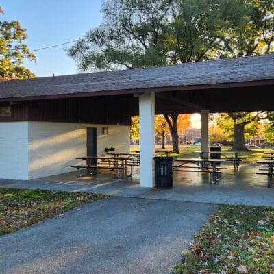 Belmont Park shelter side view Belmont Park shelter side view
