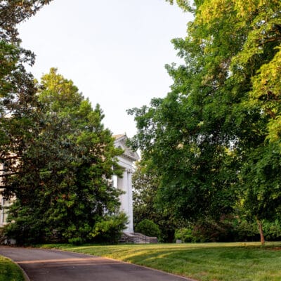 Driveway leading to historic mansion with grassy lawn and large trees.