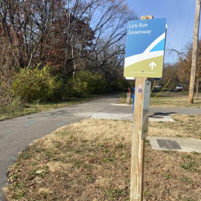 Lick Run Greenway at Brown Robertson Park trailhead Lick Run Sign