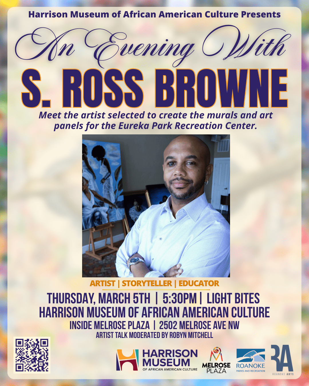 Flyer for An Evening with S. Ross Browne to meet the artist selected to create the murals and art panels for the Eureka Recreation Center.