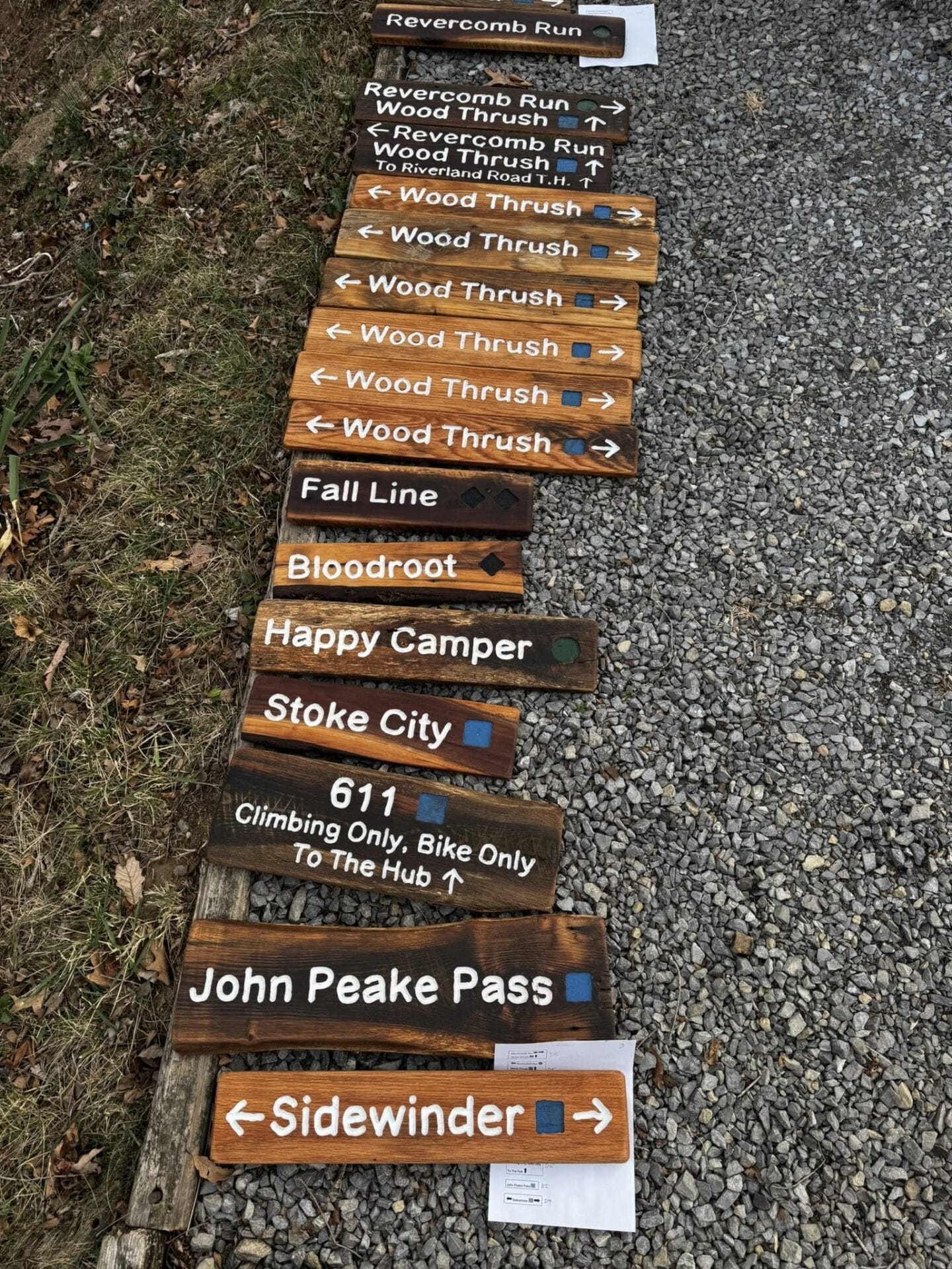 A group of wooden trail signs are arranged on the ground before installation, they read "Revercomb Run, Wood Thrush, Fall Line, Bloodroot, Happy Camper, Stoke City, 611, John Peake Pass, and Sidewinder" and include corresponding difficulty markings.
