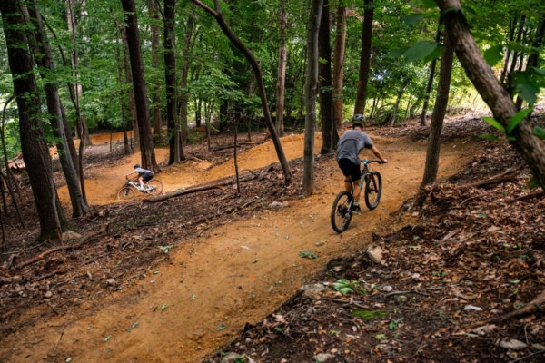Mill Mountain trails (Devin Cutter) A curving trail in a wooded park with multiple mountain bikers riding.