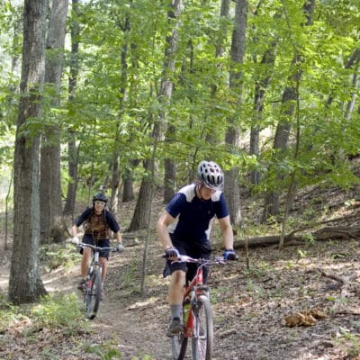 Mill Mountain Two mountain bikers ride a trail in a wooded park.