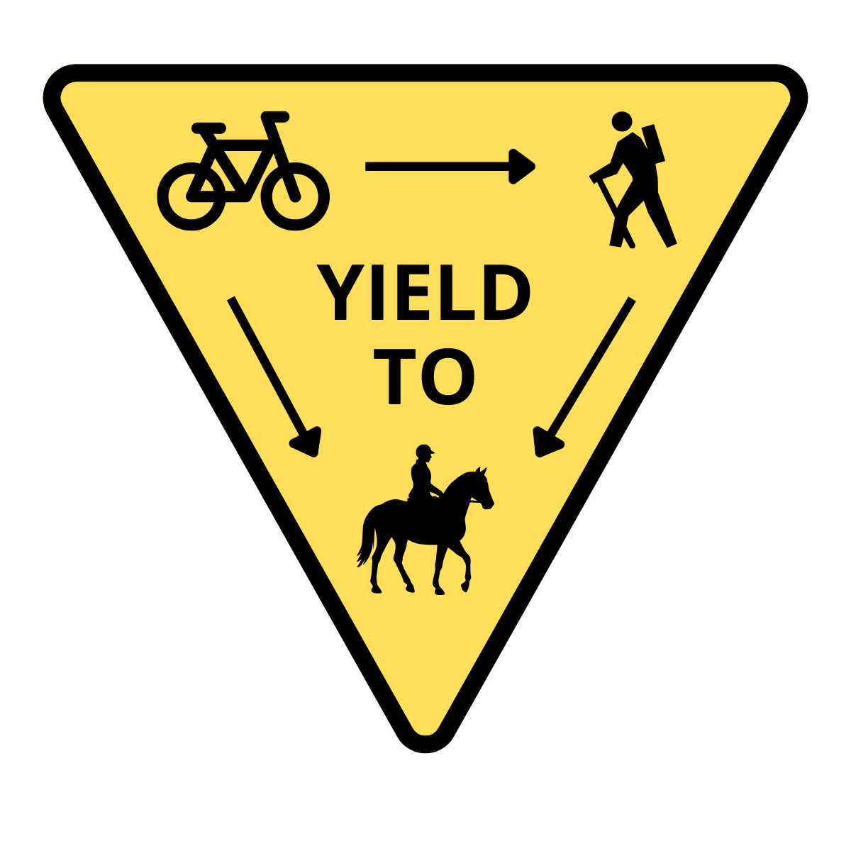 trail user yield to sign Yield shaped sign with text saying "YIELD TO" and arrows between icons indicating that bikers yield to hikers and horses, and hikers yield to horses.