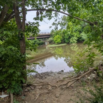 Small shoreline access point to a river, with a bridge visible in the distance.
