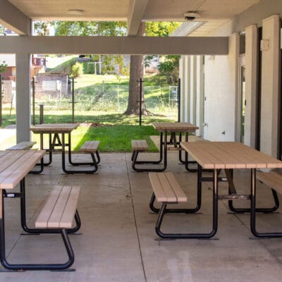 Covered patio and picnic tables outside Eureka Rec Center classrooms EurekaRec06.26 251