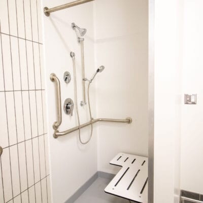 ADA shower in a restroom.