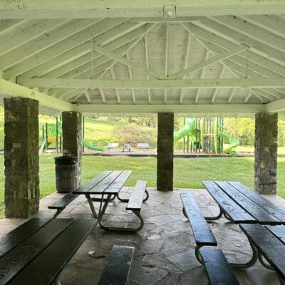 Fishburn Park lower (stone) shelter Park shelter with picnic tables.